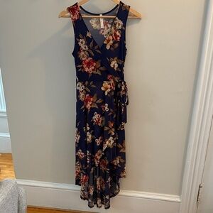 Floral Sleeveless side tie V neck Dress - Navy and Red